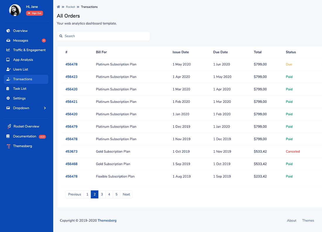 Transactions page preview