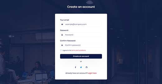 Sign up page preview